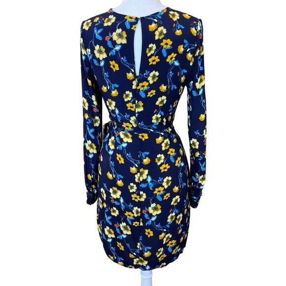 ASTR The Label Apron Front Long Sleeve Navy Mustard Floral Tie Wrap Dress Med - Picture 6 of 10